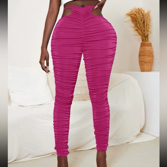 Elegant Pink Ruched Women's Pants - Picture 1 of 3